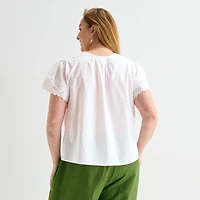 Liz Claiborne Womens Plus Keyhole Neck Short Sleeve Blouse