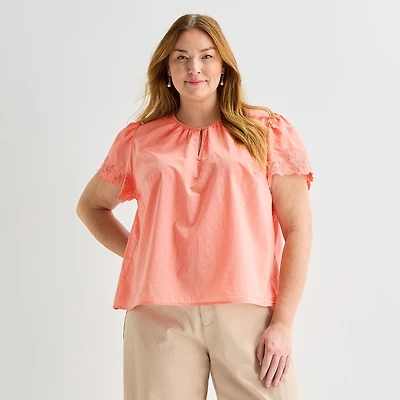 Liz Claiborne Womens Plus Keyhole Neck Short Sleeve Blouse