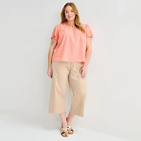 Liz Claiborne Womens Plus Keyhole Neck Short Sleeve Blouse