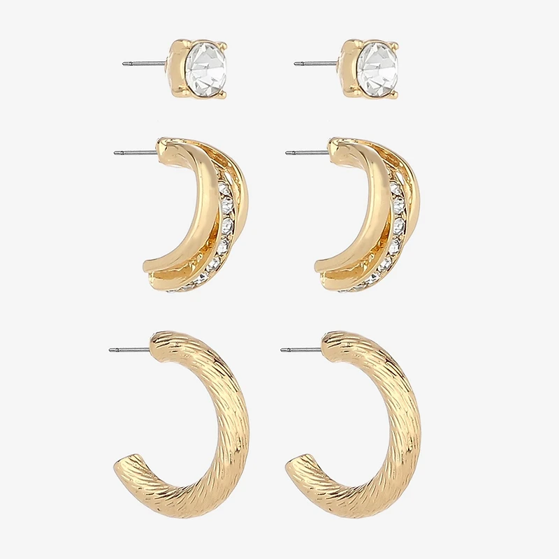 Monet Jewelry Gold Tone Womens Glass Round Hypoallergenic 3 Pair Earring Set