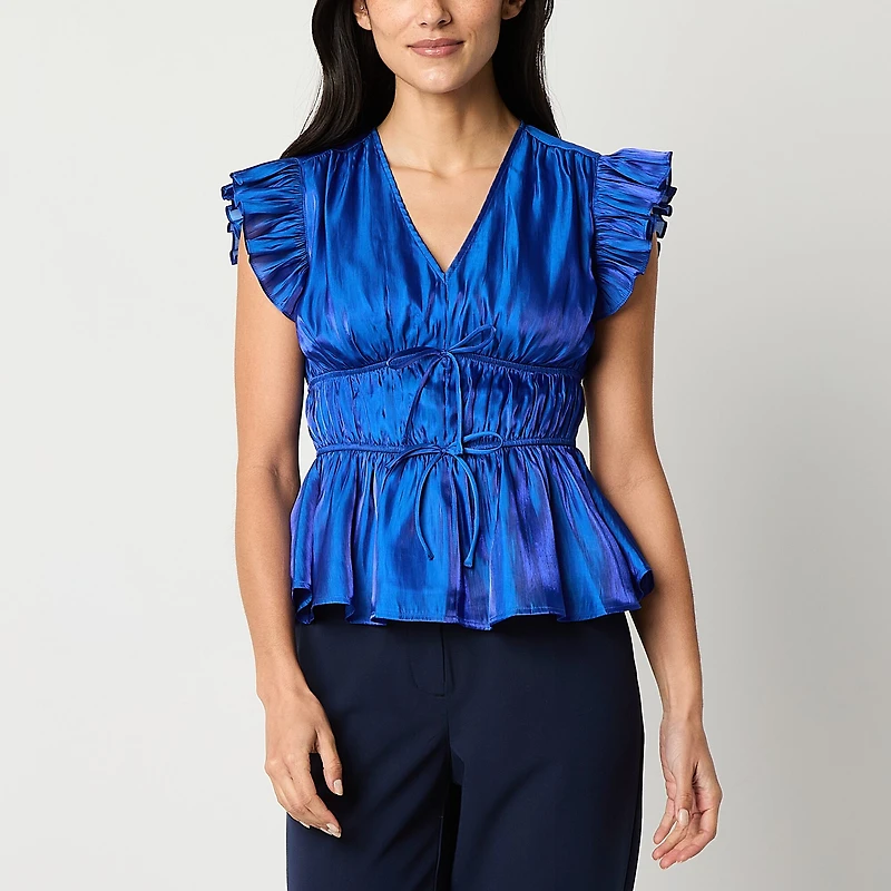 Laurel Grey Womens V Neck Short Sleeve Blouse