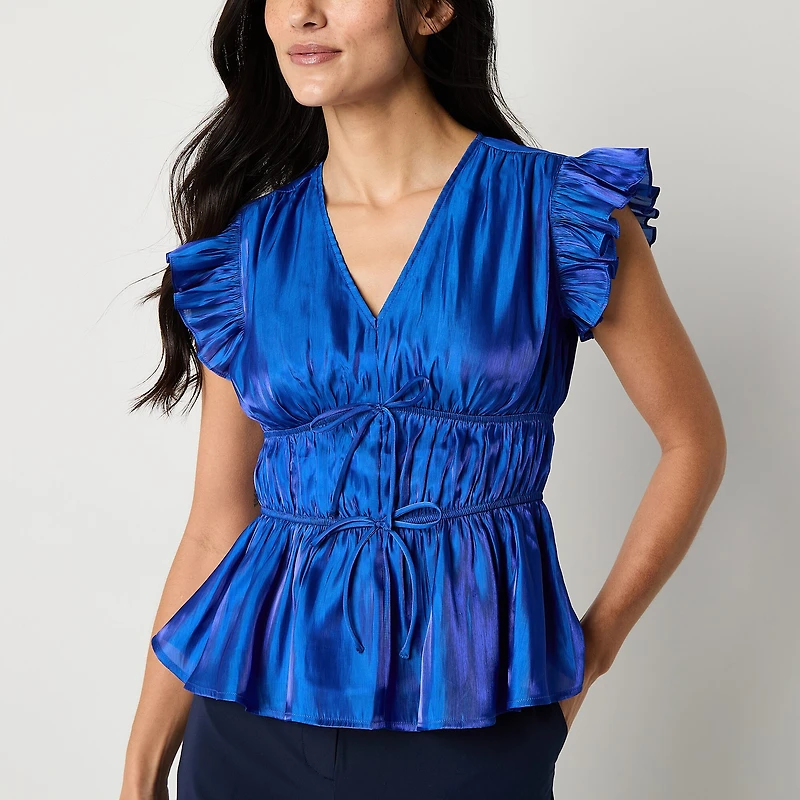 Laurel Grey Womens V Neck Short Sleeve Blouse