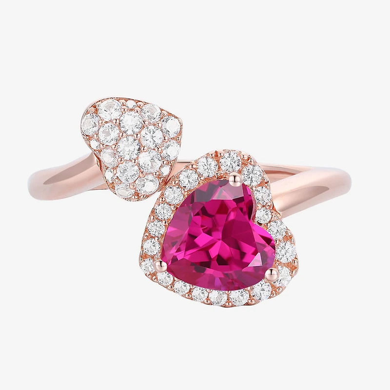 Gemstone 14K Rose Gold Over Silver Heart Halo Bypass Cocktail Ring