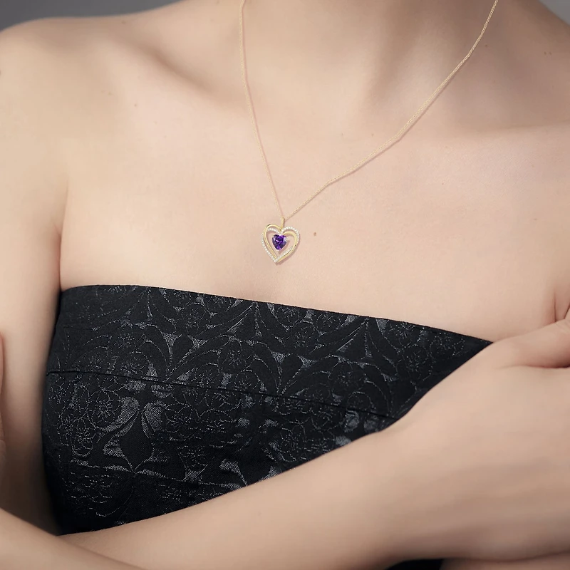 Womens Genuine Purple Amethyst 14K Gold Over Silver Heart 18 Inch Pendant Necklace