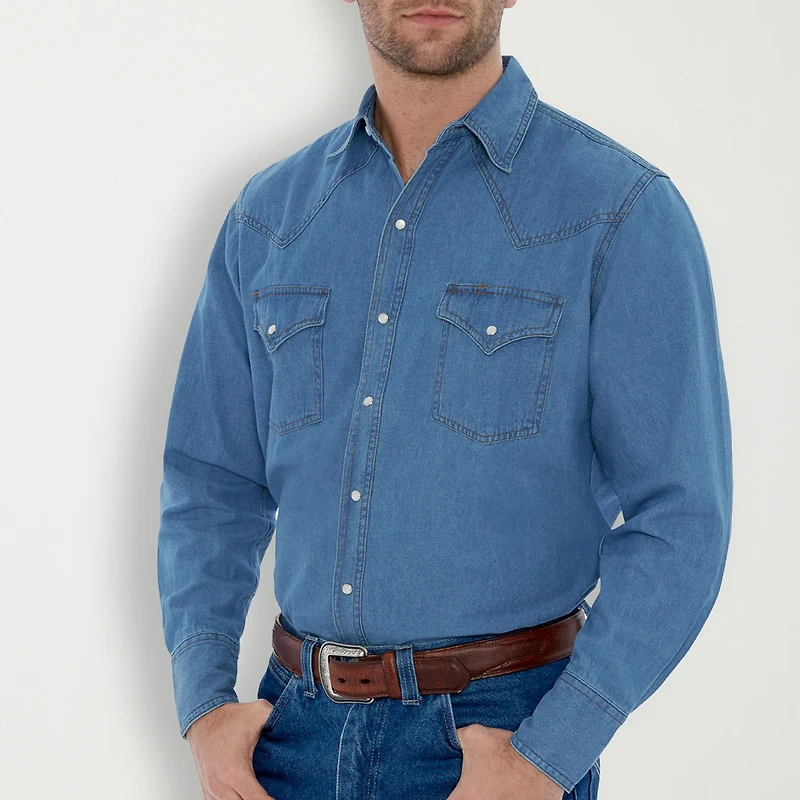 Ely Cattleman Bleached Denim Mens Long Sleeve Western Shirt