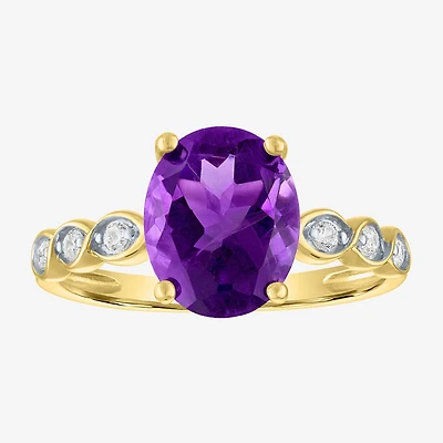 Womens Diamond Accent Genuine Purple Amethyst 10K Gold Oval Side Stone Cocktail Ring