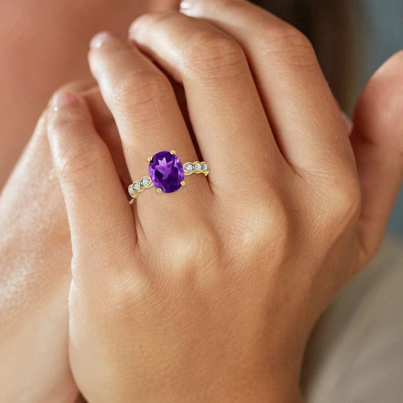 Womens Diamond Accent Genuine Purple Amethyst 10K Gold Oval Side Stone Cocktail Ring