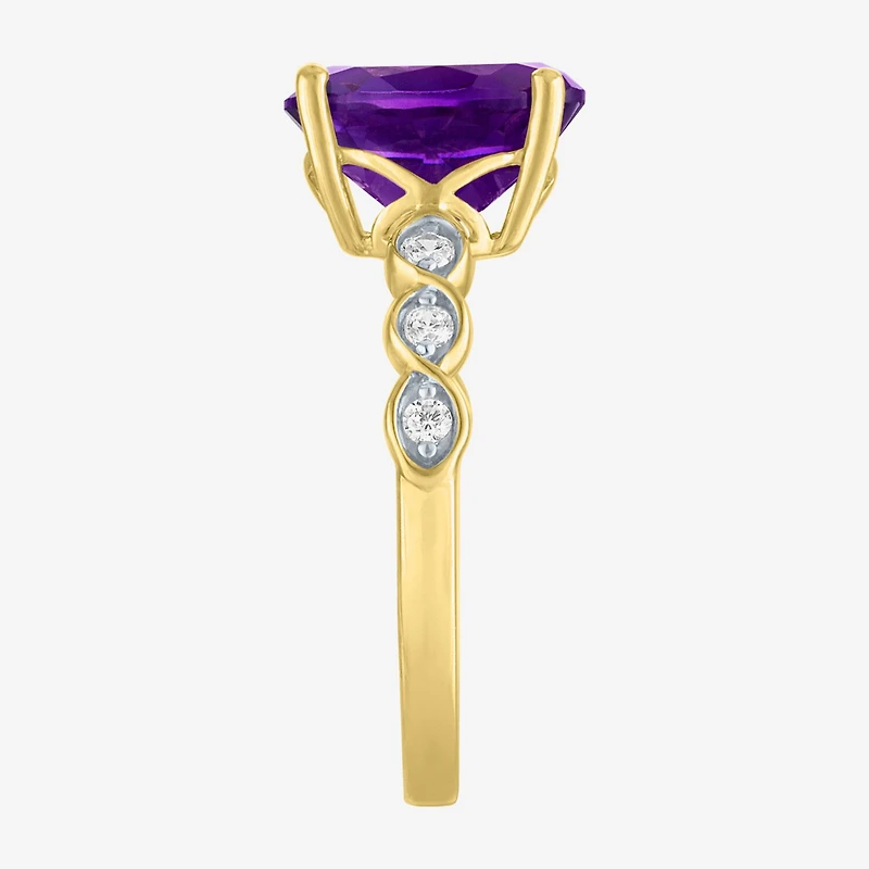 Womens Diamond Accent Genuine Purple Amethyst 10K Gold Oval Side Stone Cocktail Ring