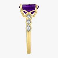 Womens Diamond Accent Genuine Purple Amethyst 10K Gold Oval Side Stone Cocktail Ring