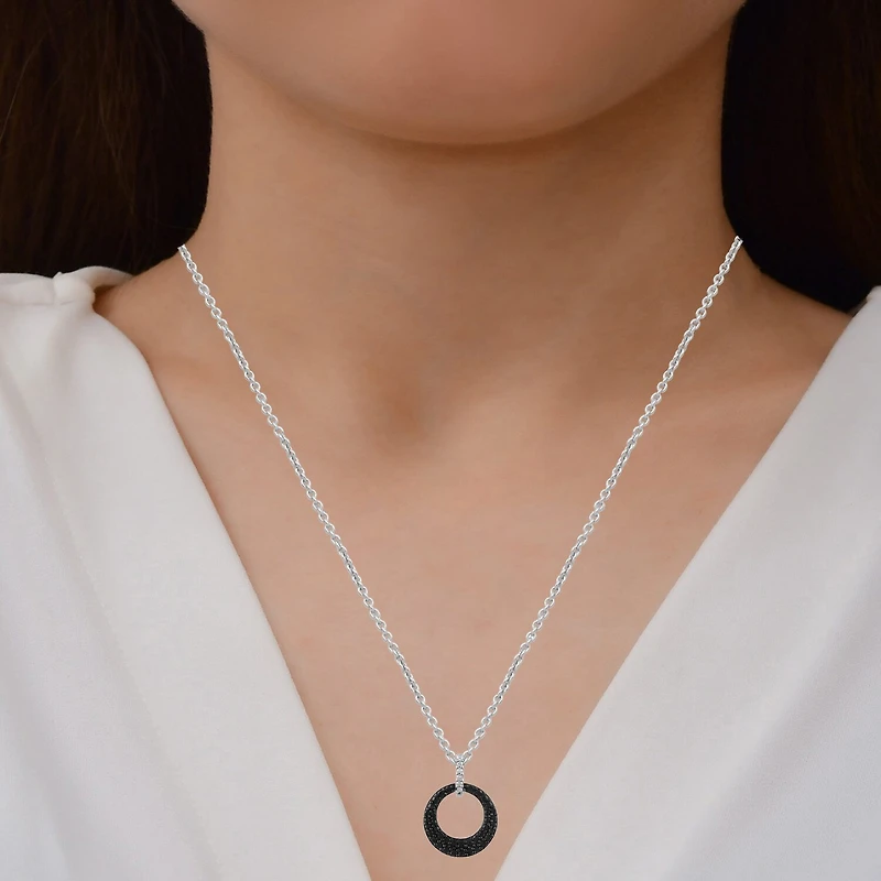 Midnight Black Womens 1/10 CT. T.W. Natural Black Diamond Sterling Silver Circle 16 Inch Pendant Necklace