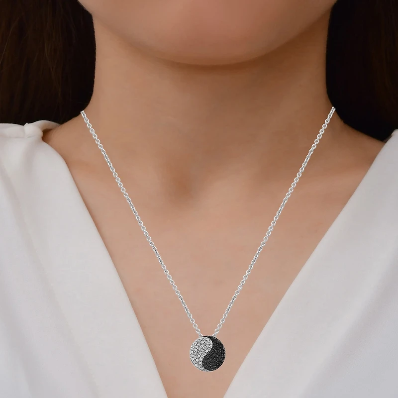 Midnight Black Womens 1/5 CT. Natural Black Diamond Sterling Silver Yin Yang 16 Inch Pendant Necklace