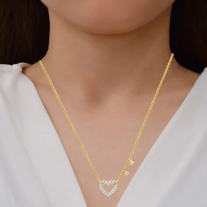 Womens 1/5 CT. Lab Grown White Diamond 14K Gold Over Silver Heart 17 1/2 Inch Pendant Necklace