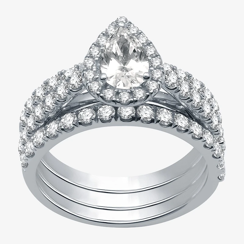 (H-I / I1) Womens 2 CT. T.W. Lab Grown White Diamond 10K Gold Pear Side Stone Halo Bridal Set