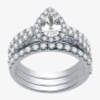 (H-I / I1) Womens 2 CT. T.W. Lab Grown White Diamond 10K Gold Pear Side Stone Halo Bridal Set