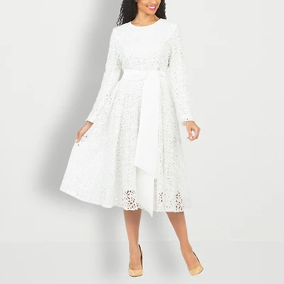 Giovanna Signature Womens Plus Midi Round Neck Long Sleeve Fitted Eyelet Fit + Flare Dress
