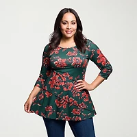 24seven Comfort Apparel Plus Womens Round Neck 3/4 Sleeve Tunic Top