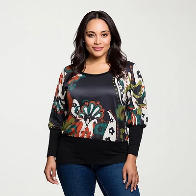 24seven Comfort Apparel Womens Plus Round Neck Long Sleeve Blouse