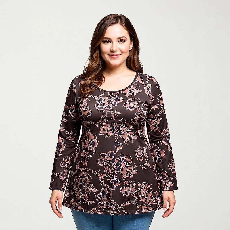 24seven Comfort Apparel Plus Womens Scoop Neck Long Sleeve Tunic Top