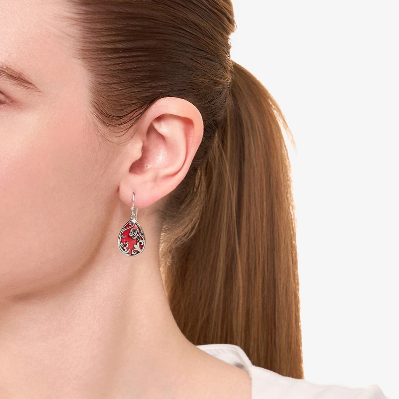 Sparkle Allure Filigree Womens Red Howlite Pure Silver Over Brass Drop Earrings