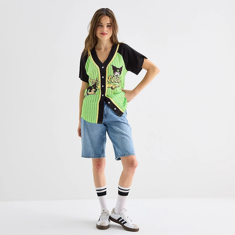 Hello Kitty® And Friends X The Powerpuff Girls™ Womens Juniors V Neck Short Sleeve Baseball Jersey