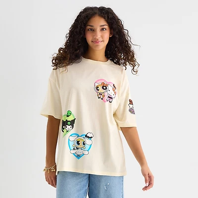 Hello Kitty® And Friends X The Powerpuff Girls™ Womens Juniors Crew Neck Short Sleeve Oversized Graphic T-Shirt