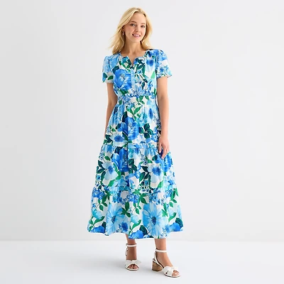 Be by CHETTA B Womens Split Crew Neck Short Sleeve Fitted Maxi Dress