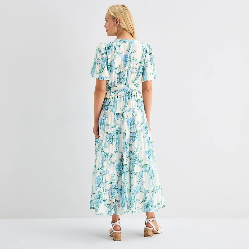 MSK Womens V Neck Short Sleeve Puffed Maxi Dress