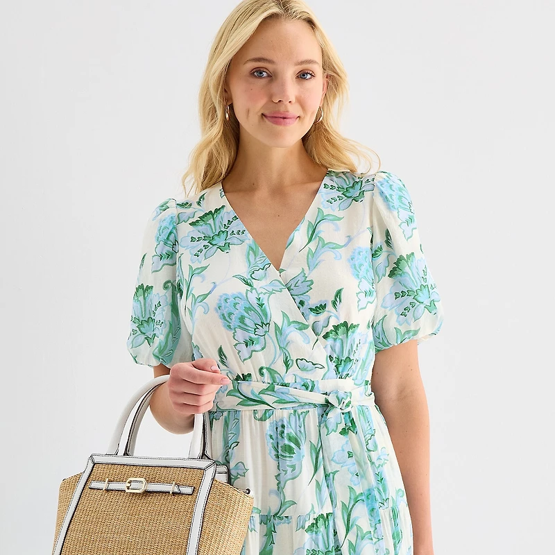 MSK Womens V Neck Short Sleeve Puffed Maxi Dress