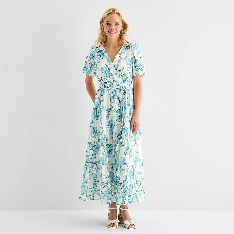 MSK Womens V Neck Short Sleeve Puffed Maxi Dress