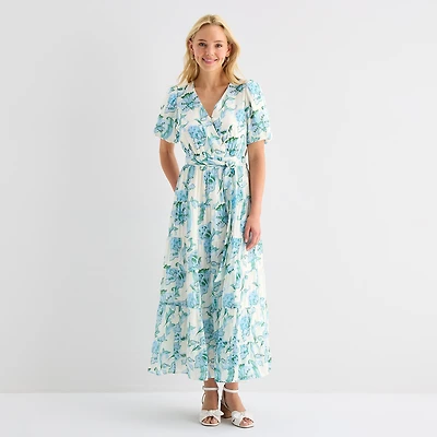 MSK Womens V Neck Short Sleeve Puffed Maxi Dress