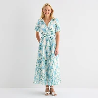 MSK Womens V Neck Short Sleeve Puffed Maxi Dress