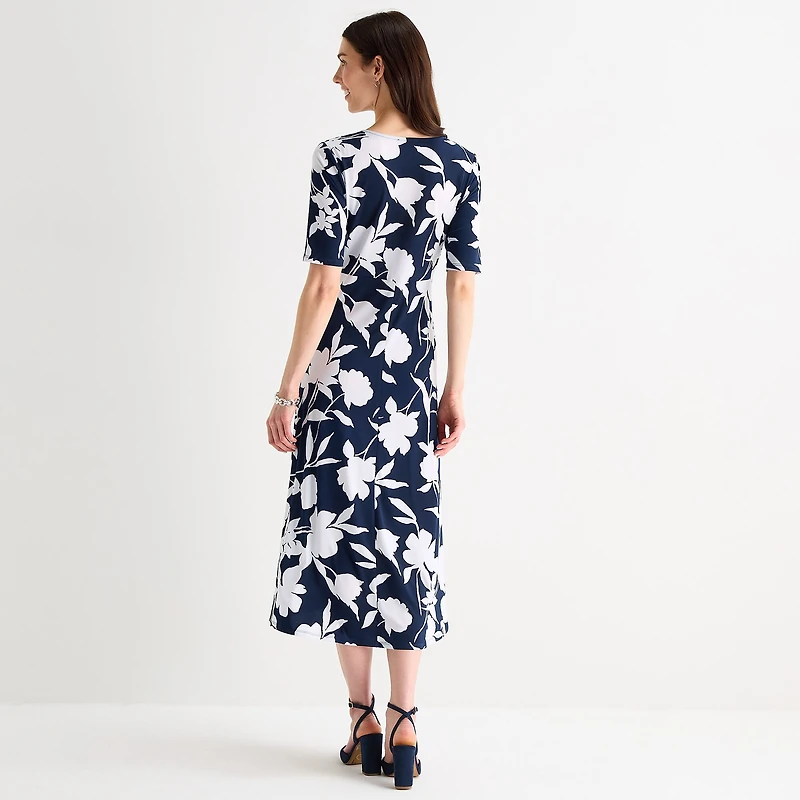 MSK Womens Midi V Neck Short Sleeve Fitted Floral Fit + Flare Dress