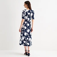 MSK Womens Midi V Neck Short Sleeve Fitted Floral Fit + Flare Dress