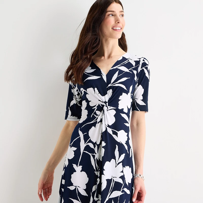 MSK Womens Midi V Neck Short Sleeve Fitted Floral Fit + Flare Dress