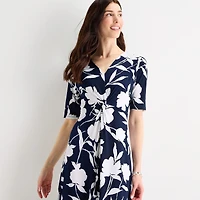 MSK Womens Midi V Neck Short Sleeve Fitted Floral Fit + Flare Dress