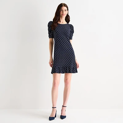 MSK Womens Round Neck Short Sleeve Dots Shift Dress