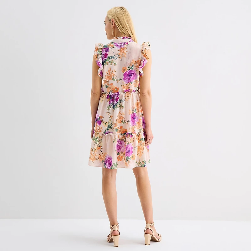 52seven Womens Midi V Neck Sleeveless Flutter Floral Fit + Flare Dress