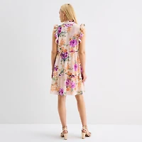 52seven Womens Midi V Neck Sleeveless Flutter Floral Fit + Flare Dress