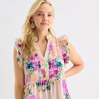 52seven Womens Midi V Neck Sleeveless Flutter Floral Fit + Flare Dress