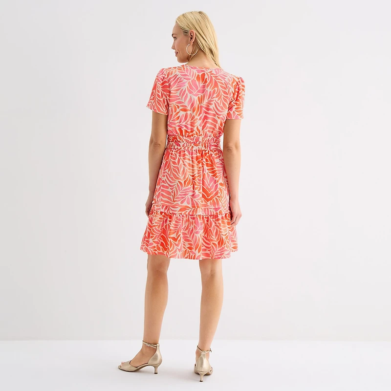Be by CHETTA B Womens Notch Neck Short Sleeve Fitted Leaf Fit + Flare Dress