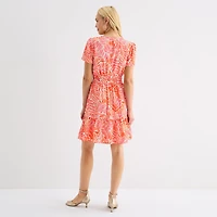 Be by CHETTA B Womens Notch Neck Short Sleeve Fitted Leaf Fit + Flare Dress