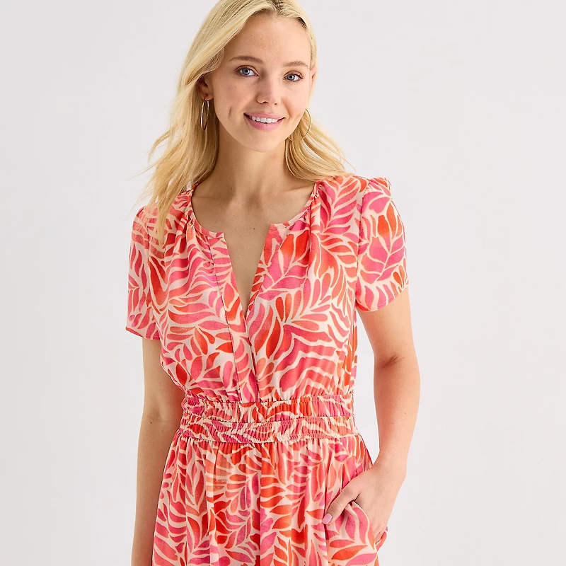 Be by CHETTA B Womens Notch Neck Short Sleeve Fitted Leaf Fit + Flare Dress