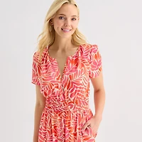 Be by CHETTA B Womens Notch Neck Short Sleeve Fitted Leaf Fit + Flare Dress