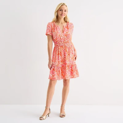 Be by CHETTA B Womens Notch Neck Short Sleeve Fitted Leaf Fit + Flare Dress