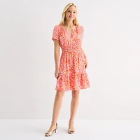 Be by CHETTA B Womens Notch Neck Short Sleeve Fitted Leaf Fit + Flare Dress