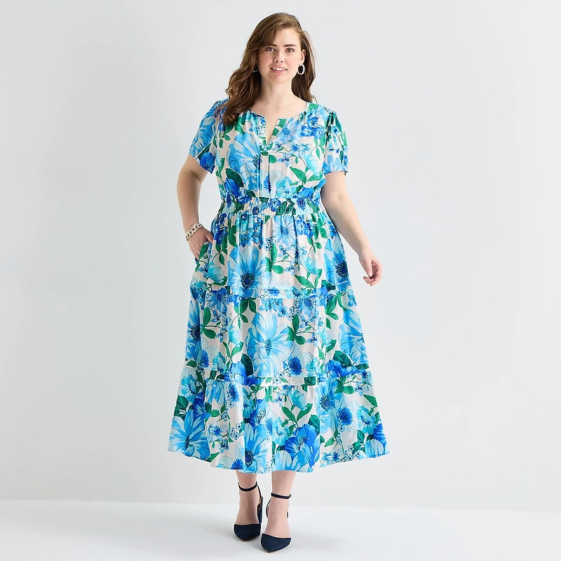 Be by CHETTA B Womens Plus Notch Neck Short Sleeve Fitted Maxi Dress