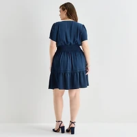 Be by CHETTA B Womens Plus Split Crew Neck Short Sleeve Fitted Fit + Flare Dress