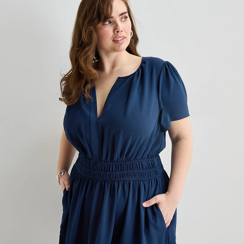 Be by CHETTA B Womens Plus Split Crew Neck Short Sleeve Fitted Fit + Flare Dress