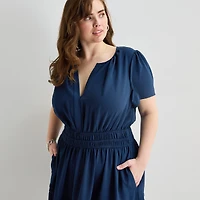 Be by CHETTA B Womens Plus Split Crew Neck Short Sleeve Fitted Fit + Flare Dress