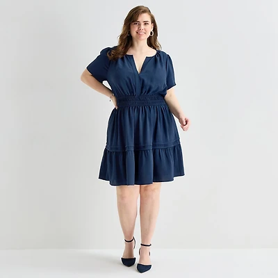 Be by CHETTA B Womens Plus Split Crew Neck Short Sleeve Fitted Fit + Flare Dress